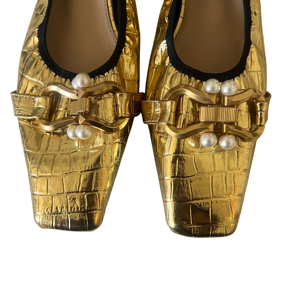 Gold Womens Croc Embossed Square Toe Pearl Buckle Flats Asian 245 1.5/US 7.5 - Picture 5 of 6